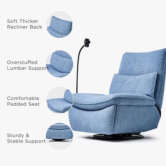 Nouhaus Swivel Nursery Recliner Glider, Oversized Electric Rocker Recliner Chair with USB & Type-C Port, Wireless Charger Phone Holder, Reclining Rocking Chair for Nursery (Snooze Modern, Sky Blue)