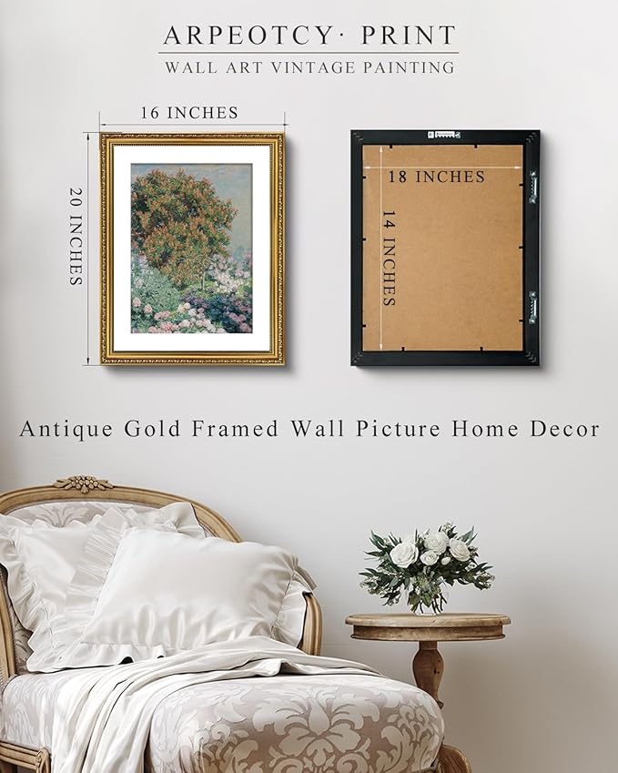 ARPEOTCY Vintage Gold Framed Large Wall Art, Nature Flower Garden Retro Painting, Canvas Prints with Antique Frame, Victorian Wall Picture Decor for Living Room Gallery Bedroom, 16x20 inch