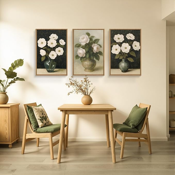 FWIEXA Large Vintage Dark Floral Canvas Wall Art Set of 3,Framed Moody White Flower Wall Art,French Country Aesthetic Botanical Art Prints,Retro Wildflower Artwork for Home Living Room Bedroom 24"x36"