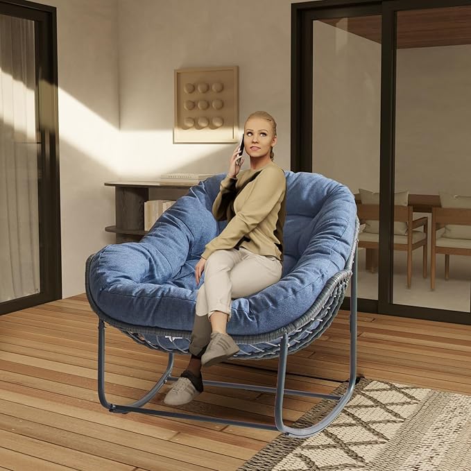 Oversized Outdoor Papasan Rocking Chair with Soft Cushion, Comfy Patio Egg Chair, Wicker Lounge Rocker for Balcony/Porch/Garden, Reinforced All Weather Rattan Frame, 330 lbs Support, Navy Blue