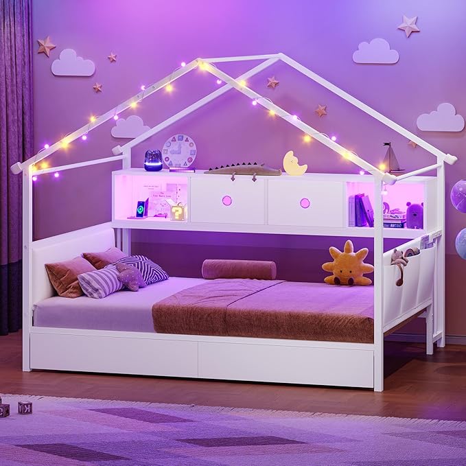 Hasuit Corner Twin House Bed Frame with Storage Drawers & Bookcase, House Shaped Metal Beds with Charging Station & LED Light, Corner Bed with Upholstered Headboard, Twin Size Bed for Kid Teens, White