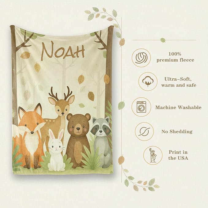 Personalized Woodland Baby Blanket with Name, Custom Name Blanket for Boy, Printed in USA, Super Soft Blankets for Newborn, Customized Gifts for Baby Shower Birthday Christmas