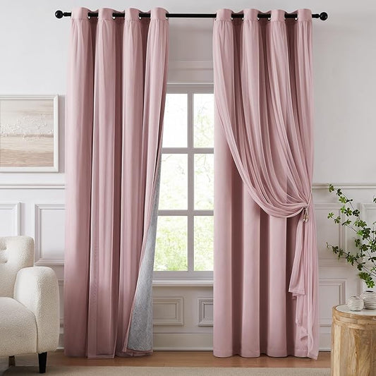 100% Blackout Curtains for Bedroom, Double Layer Pink Curtains, Black Out Curtain 108 inch Long with Sheer Overlay for Living Room, Room Darkening Window Drapes with Grommet, 52" W x 108" L