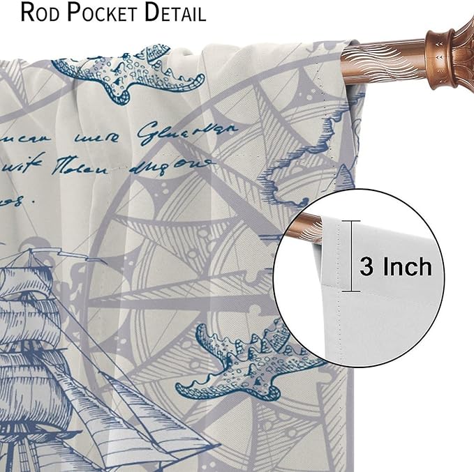 Nautical Sailboat Map Curtain,Ship Compass Lighthouse Anchor Decorative Curtain Polyester Fabric Waterproof Bedroom Curtain Set 2 Panels,84x84 Inches