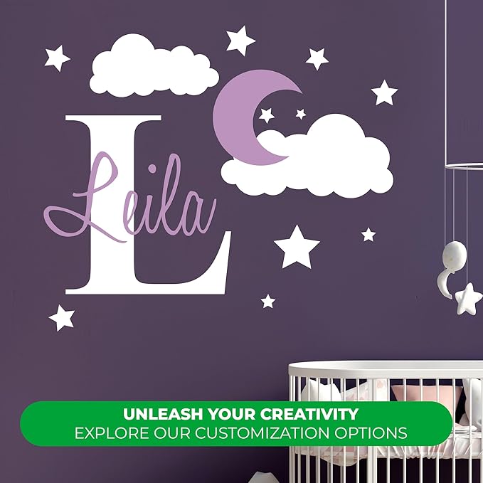 e-Graphic Design Inc Custom Name & Initial Moon Clouds Stars - Baby Boy - Nursery Wall Decal for Baby Room Decorations - Mural Wall Decal for Home Children's Bedroom (MM109) (Wide 42" x 32" Height)