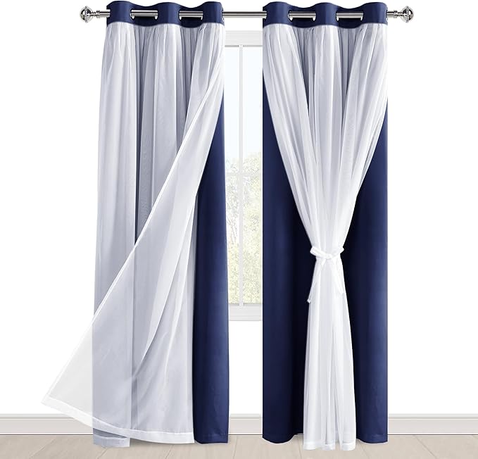 Hiasan Blackout Curtains with Sheer Overlay 84 Inches Long, Thermal Insulated Mix & Match Double Layer Window Curtains for Bedroom, Living Room, Nursery, 2 Panels with Tiebacks, Navy Blue, 42W X 84L