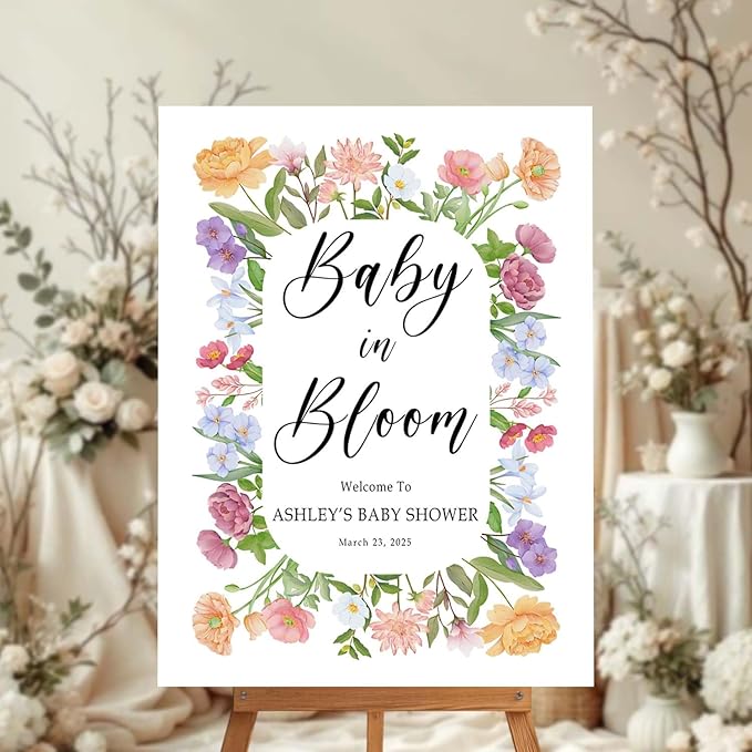Personalized Floral Frame Baby Shower Welcome Sign - Baby in Bloom Announcement Yard Sign - Colorful Entrance Decor