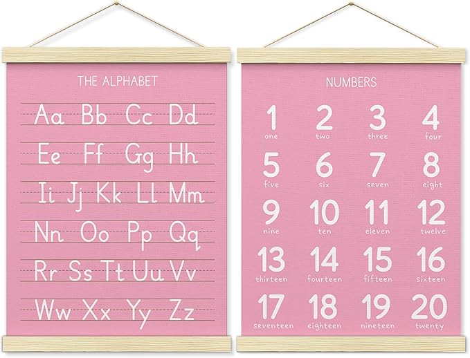 BONETAT Numbers alphabet poster for Nursery Toddlers,Correct Letter Formation on Line Paper, Play Room Wall Decor,ABC Wall Chart,Preschool Homeschool Decor Kids Wall Decor,Wooden Alphabet Banner-A08