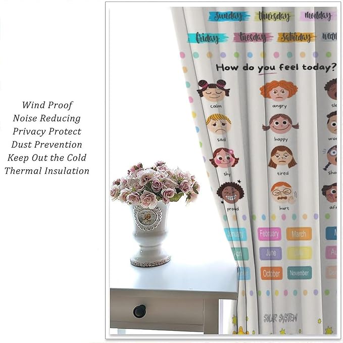 Kids Educational Alphabet Cartoon Curtain Solar System Shapes Cute Knowledge Printed Rod Pocket Blackout Window Drapes for Todders Nursery Baby Bedroom Living Room 42" W X 45" L