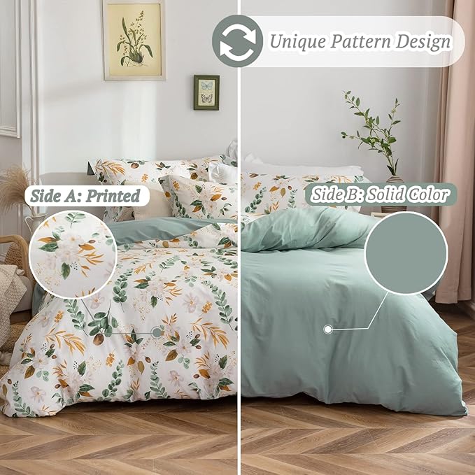 MILDLY Farmhouse Duvet Cover Set - 100% Washed Cotton Garden Flower Printed Bedding Set Queen Size Soft Breathable Comforter Cover with Zipper Ties