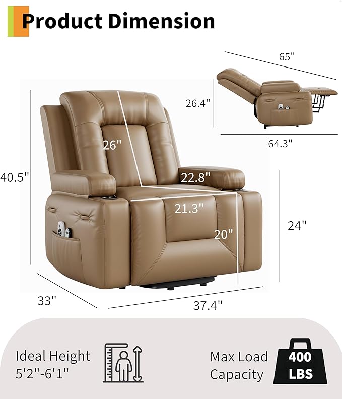 GarveeHome Power Recliner Chair - Heat and Massage, Adjustable Electric Recliner Ergonomic PU Leather Single Sofa, Tall Back, Padded Seat, Lazy Chair for Living Room