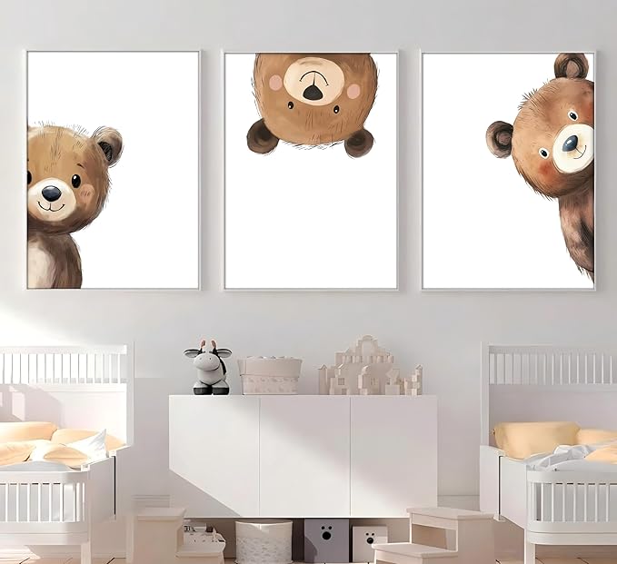 3Pcs Baby Teddy Bear Nursery Wall Art Peeking Bear Pictures Wall Decor Peekaboo Kids Room Decor Woodland Animal Posters Neutral Nursery Painting Canvas Print Artwork for Children's Baby Room Bedroom