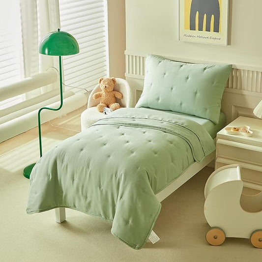 DuShow Green 4 Piece Toddler Bedding Set for Boys Girls,Embroidery Microfiber Crib Bed Sheets Set Soft Boho Comforter Set Bed in a Bag,Include Quilted Comforter,Flat Sheet,Fitted Sheet,Pillowcase