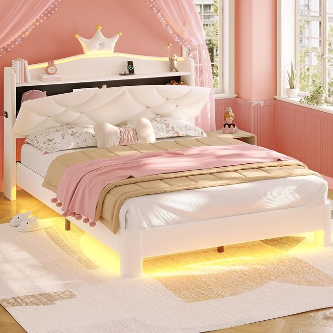MSmask Full Bed Frame with LED Lights, Princess Upholstered Bed with Headboard with Charging Station & Crystal Button & Crown, Velvet Platform Bed for Girls, Solid Wood Slats, Curved Legs, White