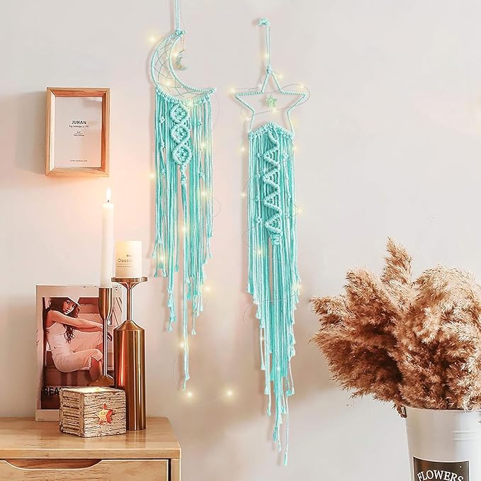 Moon Star Dream Catcher Decor,2pcs Boho Home Moon Star Dreamcatcher,Macrame Wall Hanging Boho Home Decor for Kids Baby Bedroom Decoration for Women Girls Friends Craft Christmas Gifts Green