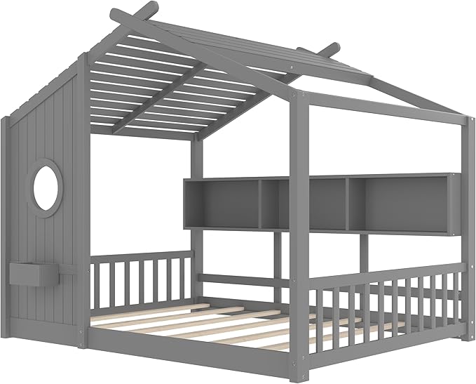 Full Size House Bed with Storage Shelves for Kids,Kids Montessori Floor Bed, Cute Wood House Bed Frame Full with Roof for Girls,Boys,Can be Decorated,Gray