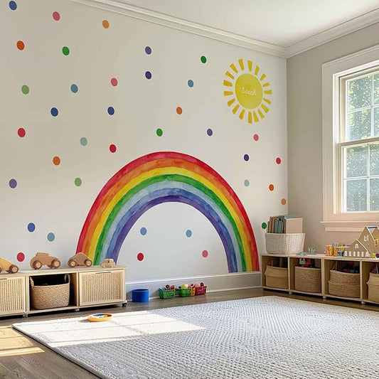 Watercolor Rainbow, Sun, Polka Dots Wall Decal for Kids Room, Nursery, Baby Room Decor, Polka Dots Mural, Rainbow Wallpaper (Vibrant Rainbow, XLarge)
