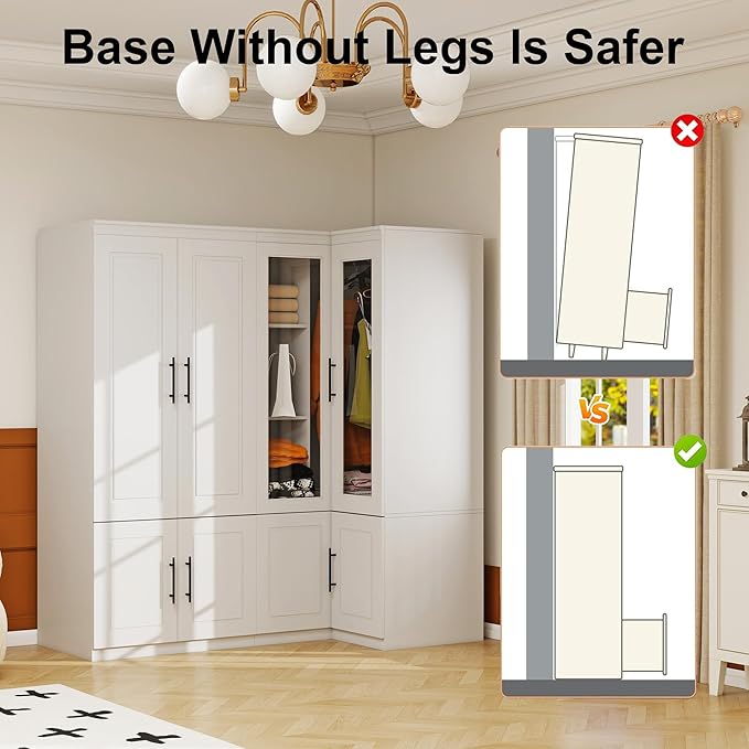 Armoire Wardrobe Closet with 4 Door: Wood Wardrobe Closet Transparent Door Wooden Combination Cabinet Bedroom Armoire with Hanging Rods for Home/Bedroom/Living Room