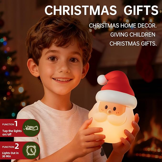 Christmas Santa Claus Night Light, Cute Christmas Gifts, Silicone Squishy LED Lamp Decorations, Rechargeable Touch Nightlight, Baby Night Light for Nursery Breastfeeding Bedroom Living Room Decor