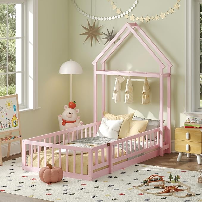 KOMFOTT Twin Size Floor Bed with House-Shaped Headboard, Kids Montessori Floor Bed with Detachable Clothes Hanger, Full Length Safety Guardrails, Door & Latch, Solid Wood Floor Bed Frame