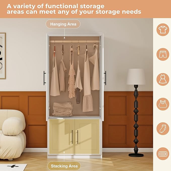 Armoire Wardrobe Closet with 2 Door, White Wood Wardrobe Closet Cabinet Wooden Bedroom Armoire with Hanging Rods & Shelves for Home/Bedroom/Living Room Style-52