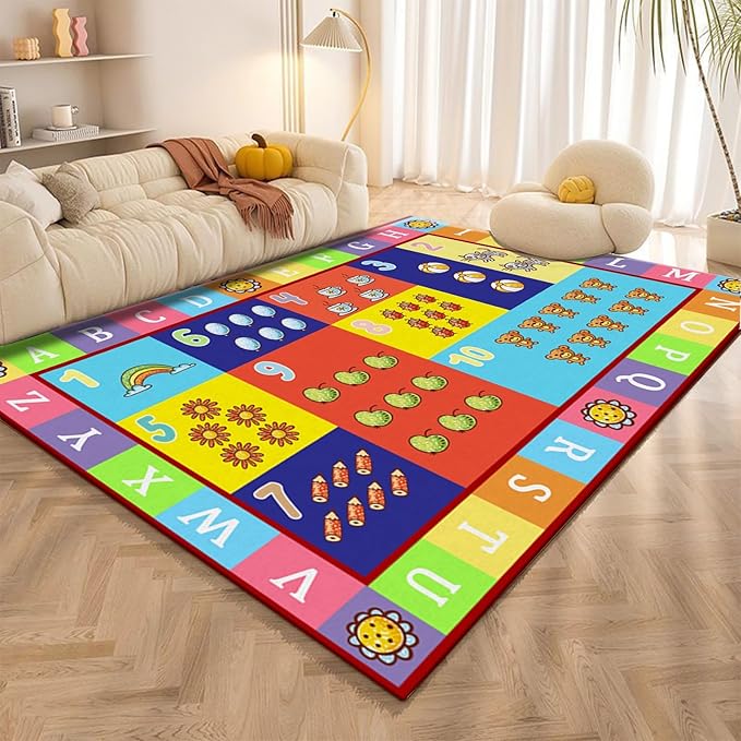 Cartoon Print Rugs for Living Room, 5x8ft, Fun Learning Playing Alphabet Rug, Absorbent Dirty Resistant Rubber Backed Mats, Soft Durable with Non Slip Backing Carpet for Kids Teen
