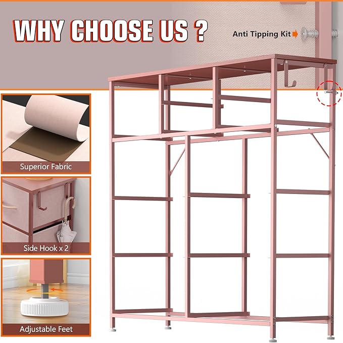 10 Drawer Dresser, Chest of Drawers for Bedroom, Fabric Dresser Drawers with Side Pockets, Hooks, Wooden Top and Sturdy Metal Frame for Living Room, Closet, Hallway (Pink)