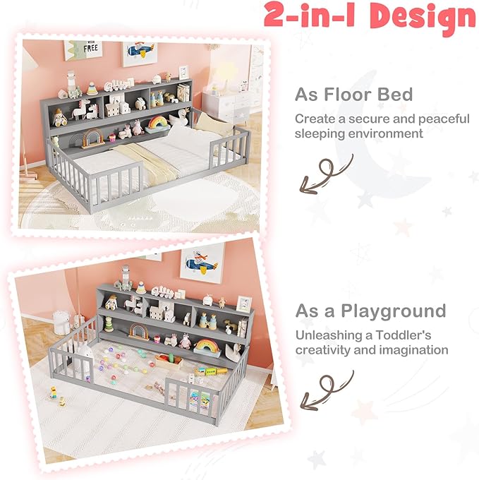 KOMFOTT Twin Floor Bed with Bookcase & Shelves, Wood Bed Frame with Bedside Bookshelves & Guardrails, Versatile 2-in-1 Montessori Floor Bed for Kids (Grey)
