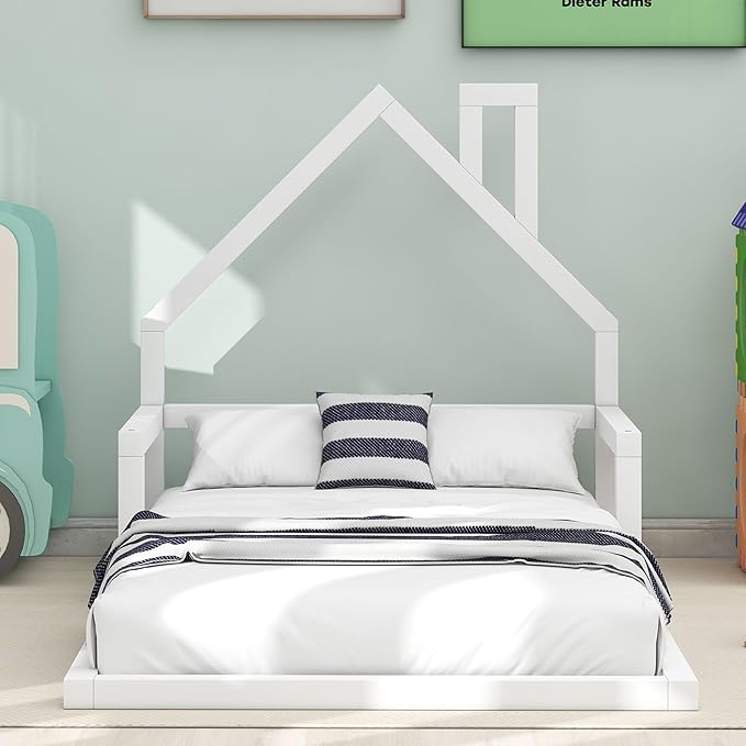 Harper & Bright Designs Twin Size Floor Bed with House Shaped Headboard, Montessori Floor Bed for Kids, Solid Wood Low Bed Frame for Bedroom, Playroom, Wooden Slats Support, White