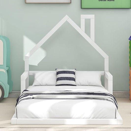 Harper & Bright Designs Twin Size Floor Bed with House Shaped Headboard, Montessori Floor Bed for Kids, Solid Wood Low Bed Frame for Bedroom, Playroom, Wooden Slats Support, White