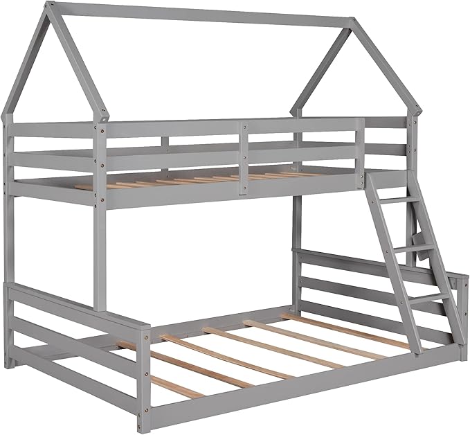 MERITLINE House Shaped Bunk Bed Twin Over Full Size Wood Bunk Bed Frame Low Bunk Beds for Kids, Twin Over Full,Grey