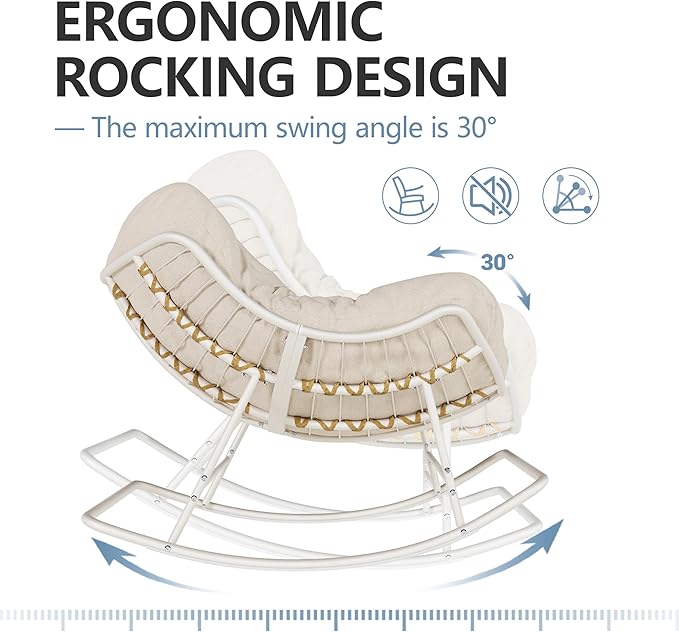 SWITTE Outdoor Papasan Rocking Chair, Oversized Egg Lounge Chair with Thick Cushion, Supports 450 lbs, Comfy Rocker for Patio, Balcony, Porch, or Indoor Living Room-Cream