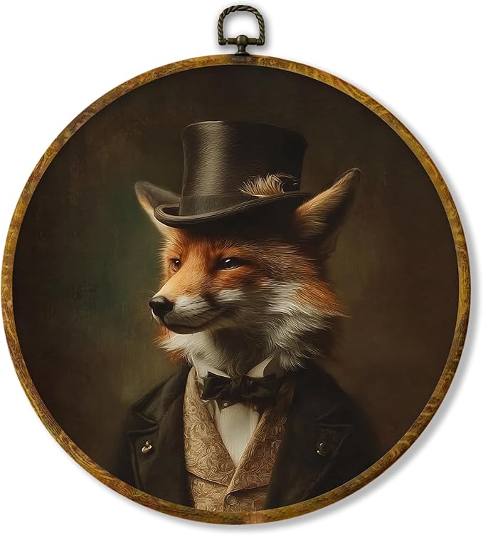 Hiuwevt Retro Fox Round Wall Art Decor, Vintage Dark Academia Fox Framed Canvas Prints, Retro Renaissance Animal Round Wall Hanging Decor for Home Living Room Decorations, 10x10 Inches