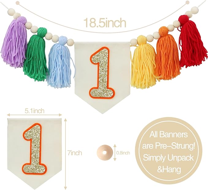 Handmade Light Rainbow 1st Birthday High Chair Banner Party Decoration for Girl Baby Colorful Wall Hangings Decoration Happy One Birthday Photoshoot Props Photo Props