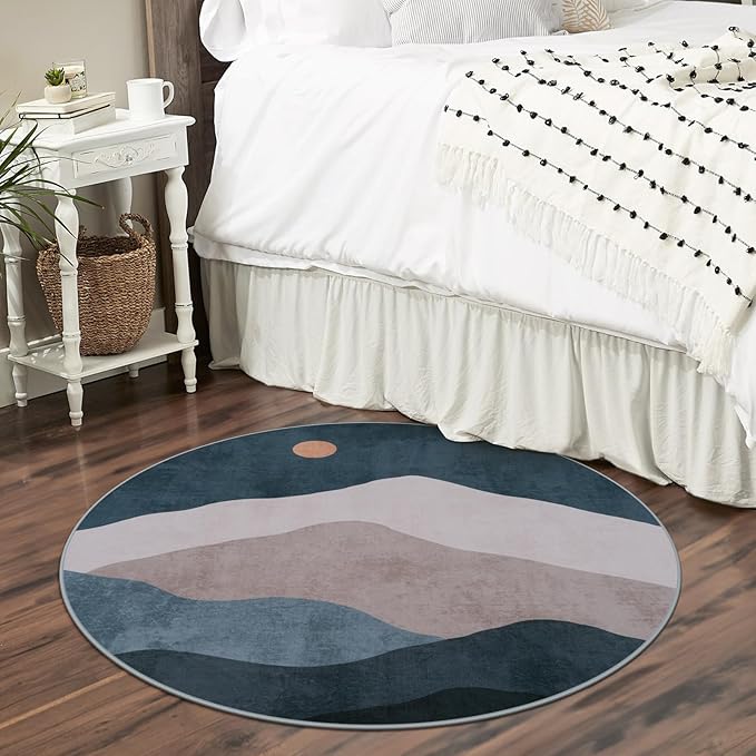3ft Abstract Round Rug,Boho Washable Non-Slip Mountain Rugs for Entryway,Soft Ultra-Thin Small Indoor Throw Rugs for Bedroom/Bathroom/Laundry Room/Kitchen (Blue)