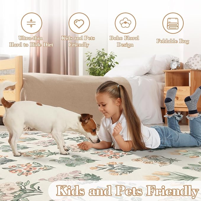 Wonnitar Floral Washable 8x10 Area Rugs, Soft Large Rugs for Living Room, 8 x 10 Low Pile Non Slip Moroccan Bedroom Carpets for Nursery Kids Room Decor Dining Room, Cream Beige