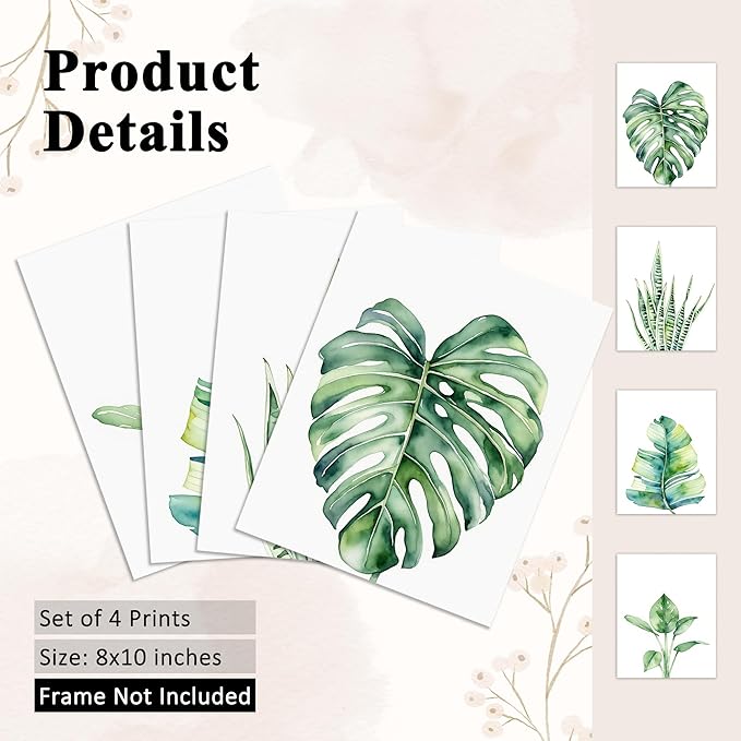 OFJE Botanical Green Leaf Wall Art Prints Set of 4, Tropical Plant Watercolor Poster for Bathroom Bedroom Living Room Decor, Unframed 8x10
