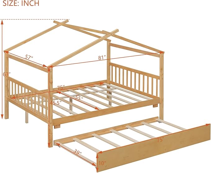 Harper & Bright Designs Full House Bed for Kids, Wood Montessori Beds with Trundle, Full Platform Bed Frame with Roof, Playhouse Bed for Kids,Teens, Bedroom, Natural