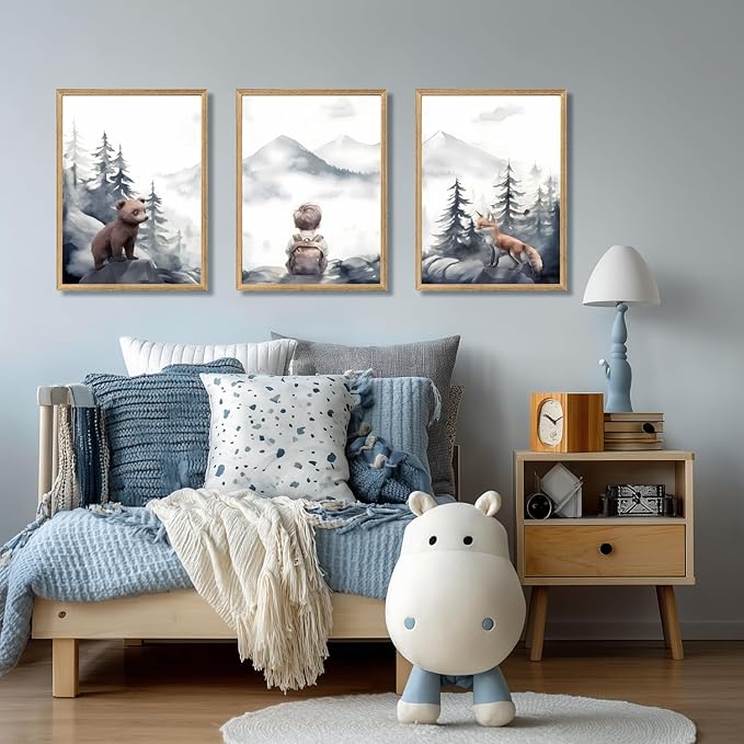 Cyebmo Woodland Boy Nursery Wall Art Set of 3, Whimsical Boy Adventure Wall Decor, Mountain Forest Animal Bear Fox Canvas Painting for Classroom Kids Room Baby Nursery Wood Framed 12"x16"x3