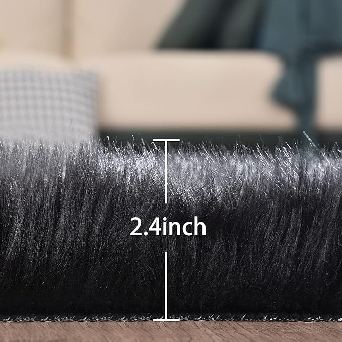 Black Fluffy Faux Fur Rug for Living Room Shag Circle Washable Area Rugs for Bedroom Round Rug 4ft Cute Room Décor