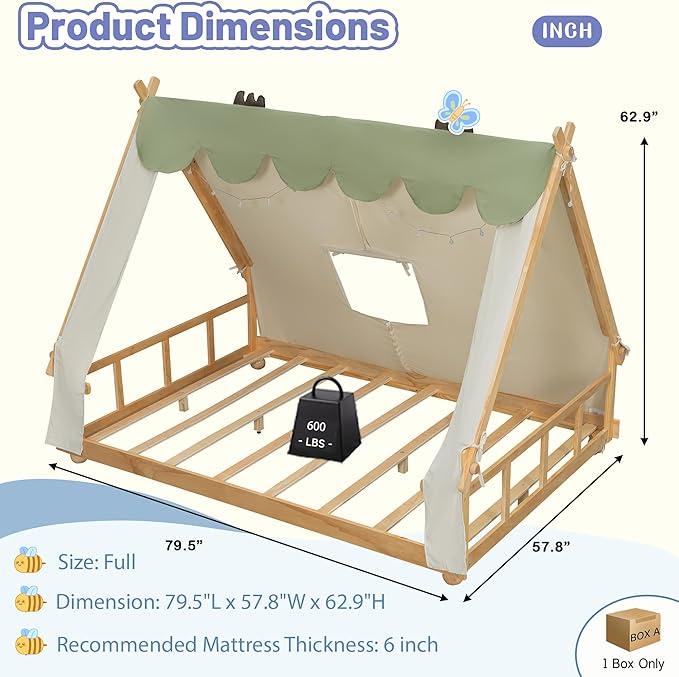 Full Size Floor Bed with Tent and Light, Wooden Montessori Bed Frame with Roof Design, Low Profile Beds for Kids, Boys and Girls, White