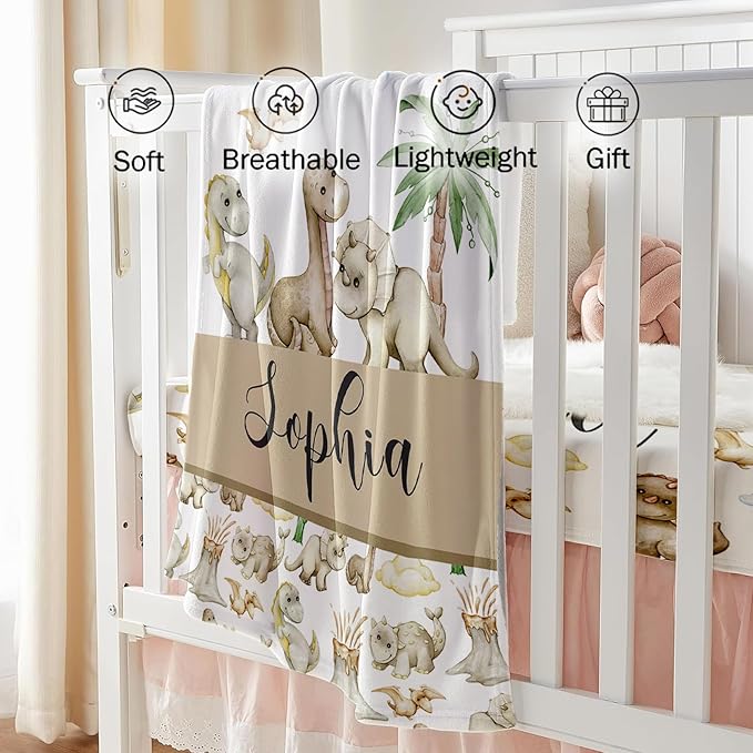 Custom Baby Crib Bedding Set - Cute Dinosaur Design Personalized Name Baby Nursery Bedding 3 Pcs Set - Chic Soft Blanket, Fitted Sheet, Room Rug for Newborns Boys Girls Gifts