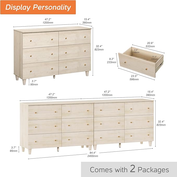 WAMPAT 12 Drawer Wood Dresser for Bedroom, 2-in-1 Extra Wide Chest of Drawers, Modern Storage Organizer Units with Solid Wood Legs for Closet, Living Room, Kids Room, Nursery, Light Oak, 94.4"