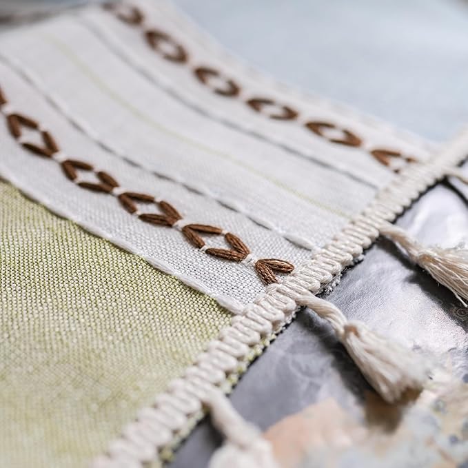 Deeprove Boho Linen Curtains 96 inch Long for Bedroom Living Room, French Retro Farmhouse Tassels Window Treatment Bohemian Embroidery Drape Rod Pocket 1 Panel 52" W x 96" L, Blue and Sage Green