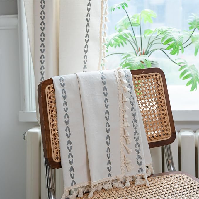 Deeprove Light Gray Boho Curtains 63 inches Length for Kitchen, Vintage Bohemian Embroidery Farmhouse Cotton Linen Striped French Country Tassel Window Treatments Decor, W52 x L63, 1 Panel