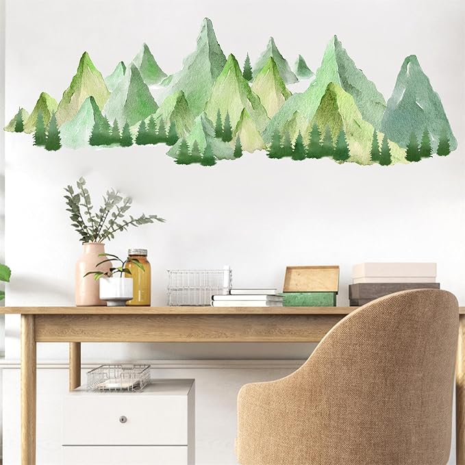 Watercolor Mountain Wall Decal Large Mountains Tree Wall Stickers Peel and Stick Green Pine Tree Decals Nature Art Big Mountain Stickers Forest Decal for Bedroom Living Room Decor