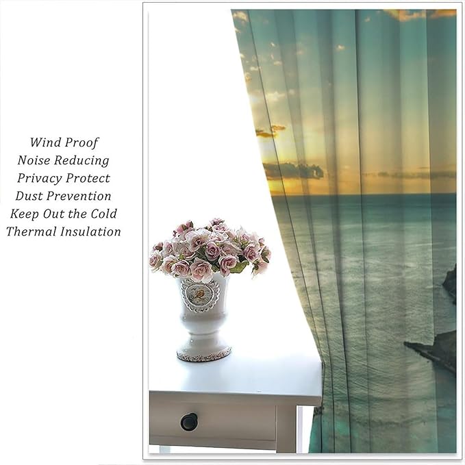 Ocean Beach Curtains,OceanMorning Sunrise Hawaiian Seaside Scene Pattern Blackout Print Home Bedroom Living Room Window Treatments 2 Panel Set 84x84 Inch
