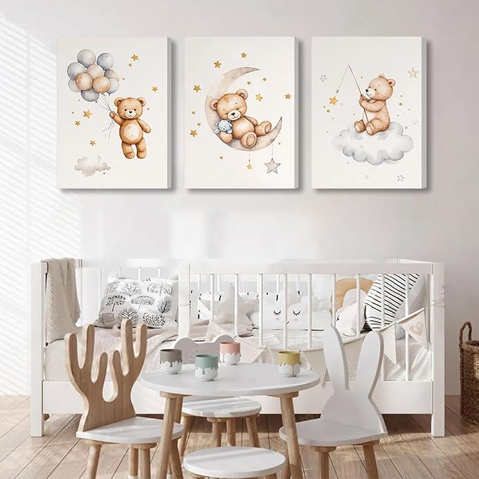 3 Pcs Framed Teddy Bear Nursery Canvas Wall Art Bear Sleeping on The Moon and Stars Wall Decor Pictures Balloon Cloud Neutral Poster Prints for Kids Baby Room Kindergarten Home Decoration 16x24in