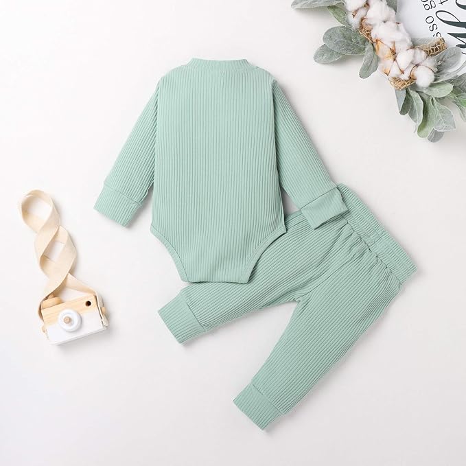 Newborn Baby Boy Girl Clothes Ribbed Knitted Cotton Long Sleeve Romper Long Pants Solid Color Fall Winter Outfits