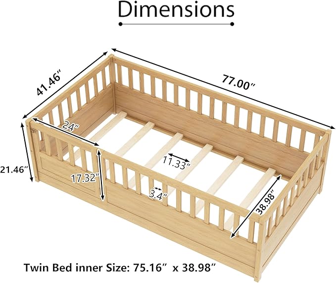 Bellemave Twin Floor Bed with Slats and High Fence, Twin Size Montessori Floor Beds with Door, No Box Spring Needed, Easy Assemble Montessori Bed Frame(Natural Twin)